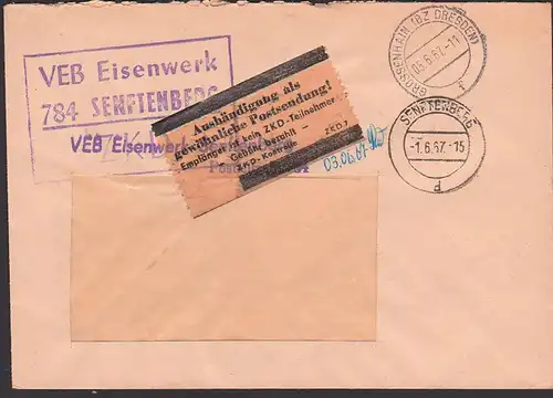 Senftenberg DDR Eisenwerk ZKD-Brief mit Klebezettel in braun "Aushändigung. ZKD-Kontrolle" ZKD 7