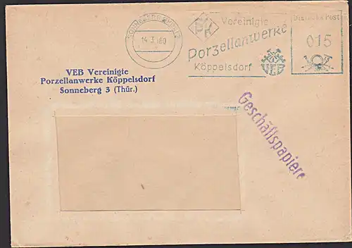 DDR AFS Sonneberg,1960 Dienstpost Köppelsdorf Porzellanwerke G-Papiere Germany