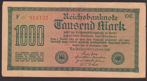 Deutsches Reich, Reichsbanknote 1 Tausend Mark, Ausgabe 15. September 1922, Serie OE