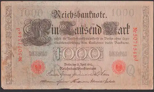 Deutsches Reich, Reichsbanknote 1 Tausend Mark, Ausgabe 21. April 1910, Serie J