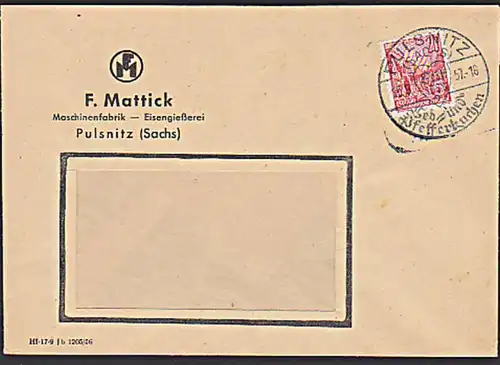 DDR Brief Pulsnitz Lebkuchen und Pfefferkuchen 5-Jahr-Plan SoSt. Germany Maschinenfabrik F. Mattick 1957
