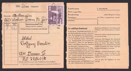 60 Pfg Dresden Zwinger Paketkarte Hohen-Sprenz PSST. (31) Güstrow DDR Poststellenst. nach Demen PSF-Adresse Armee