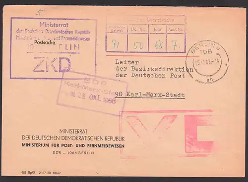 Berlin ZKD Brief VD-St. Vertrauliche Dienstsache Ministerrat Ministerim Post- und Fernmeldewesen 1968 n. Karl-Marx-Stadt