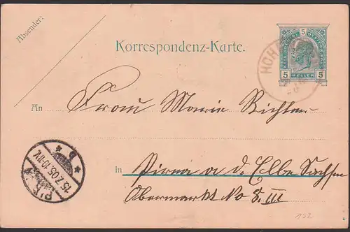Hohenich Österreich 5 Heller GA-Karte 1905 nach Pirna Sachsen