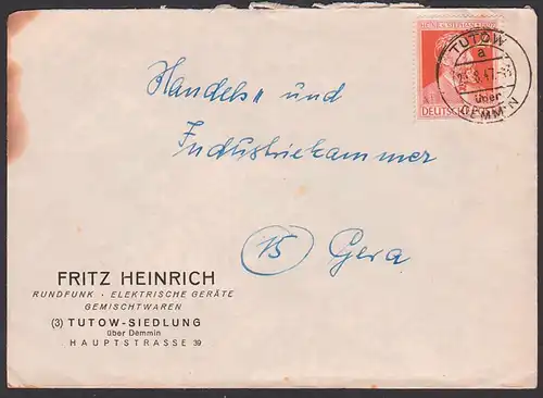 TUTOW über Demmin Fernbrief mit 24 Pfg. Heinrich von Stephan, Weltpostverein