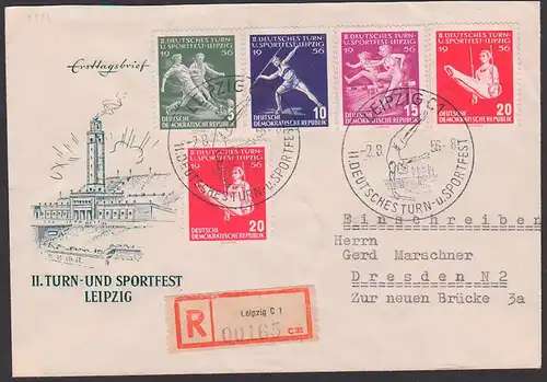 Leipzig Turn- und Sportfest 1956 R-Brief mit SoSt. Turner am Reck, kpl. Satz DDR 530/33, portogenau