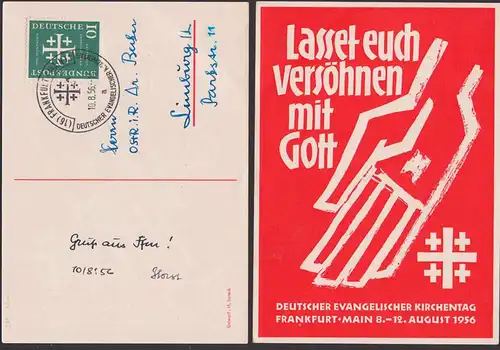 Evangelischer Kirchentag 1956 10 Pfg. BRD 235 SoSt. Frankfurt (Main) auf Schmuckkarte in rot, Lasset euch versöhnen mit