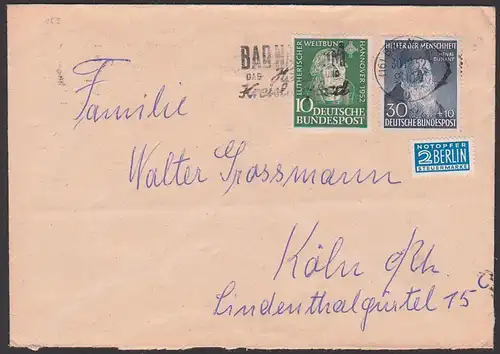 Henri Dunant Nobelpreis 1901 Mitbegr. Rotes Kreuz BRD 159 mit 2 Pfg. Notopfer BERLIN Steuermarke Luthersche Weltbund