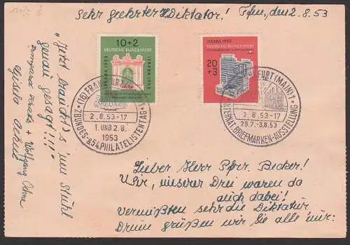 IFABRA 1953 BRD 171/2 SoSt. Frankfurt 2.8.53 Ausstellung mit verschiedenen Vignetten Spendenmarke, Thurn u. Taxis Portal
