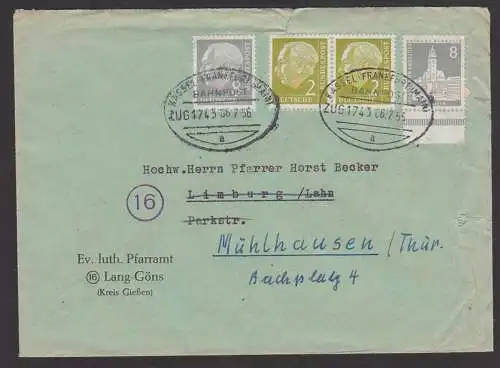 Theodor Heuss 2 Pf. BRD Mi. 177 Bg mit 8 Pfg Berlin Rathaus Neukölln, Bahnpost Kassel-Frankfurt 6.7.53 Mühlhausen