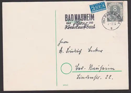 Bad Nauheim MWSt. 11.11.53 8 Pf. Posthorn MiNr. 127 in Einzelfrankatur, Ortskarte portogenau, mit Steuermarke NO Berlin