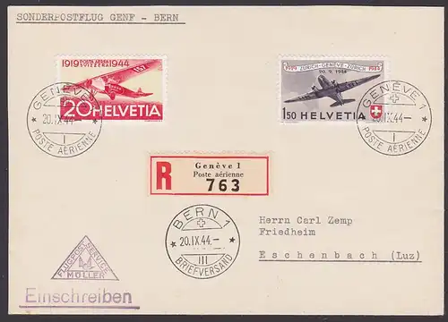 Geneve Helvetia Schweiz 438, FDC Sonderpostflug Genf - Bern R-Brief nach Eschenbach 20.9.44, Abs.-Klappe fehlt