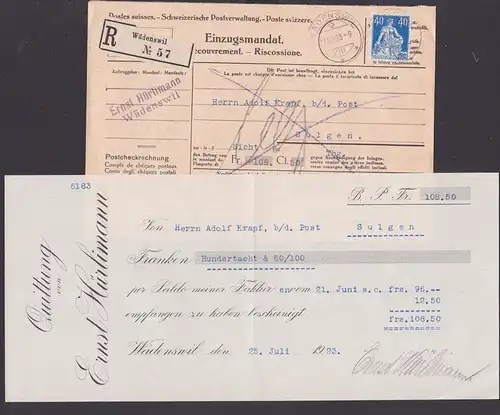 Wätenswil Helvetia Schweiz postes suisses Postsache, Einzugsmandat, R-Brief 27.VIII. 23 mit Quittung, 40 Ct. Helvetia