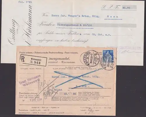 Wätenswil Helvetia Schweiz postes suisses Postsache, Einzugsmandat, R-Brief 29.XI. 22 mit Quittung, 40 Ct. Helvetia