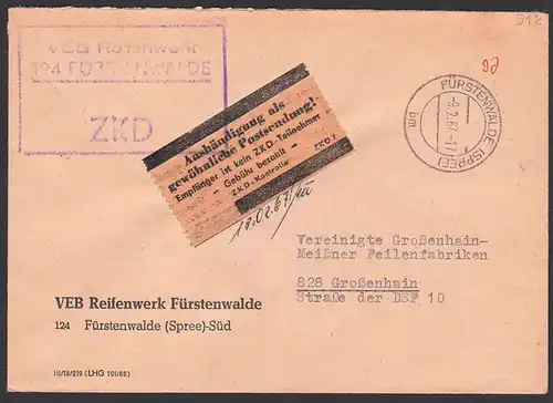 Fürstenwalde (Spree), DDR ZKD-Kastenst. Pergamin-Klebezettel ZKD-Kontrolle ZKD 7 in braun, Reifenwerk 9.2.67
