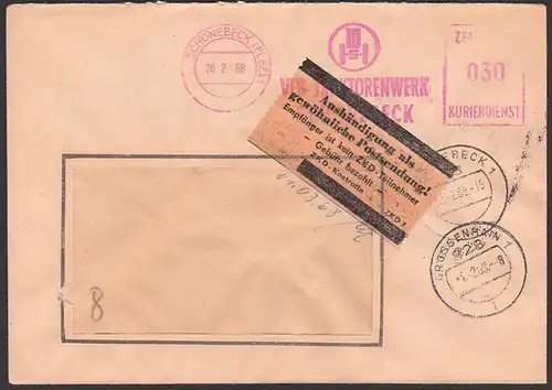 Schönebeck (Elbe), DDR ZKD-AFS. Pergamin-Klebezettel ZKD-Kontrolle ZKD 7 in braun, Traktorenwerk 28.2.68