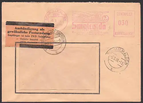 Schmalkalden, DDR ZKD-AFS. Pergamin-Klebezettel ZKD-Kontrolle ZKD 7 in braun, Smalcalda Besteckfabrik 5.3.66