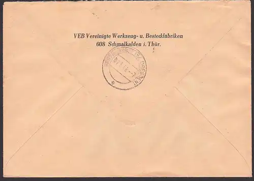 Schmalkalden, DDR ZKD-AFS. Pergamin-Klebezettel ZKD-Kontrolle ZKD 7 in braun, Smalcalda Besteckfabrik 5.3.66