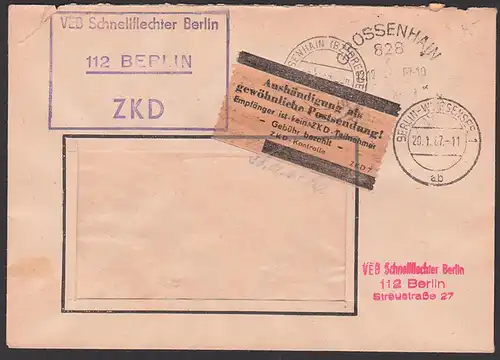 Berlin-Weissensee, DDR ZKD-Kasten-St.. Pergamin-Klebezettel ZKD-Kontrolle ZKD 7 in braun,  VEB Schnellflechter 20.1.67