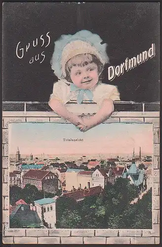 Dortmund Gruss aus mit Kleinkind Mädchen, Totalansicht CAk 1907