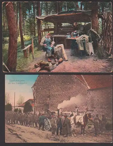Handwerker im Hochwald, Vogesen, Schuster, Schneider, Essen-Ausgabe an der Feldküche CAk 1916