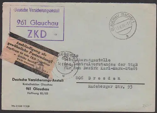 Glauchau ZKD-Brief mit gelben ZKD 7 -Zettel für "Aushändigung als gewöhnliche Postsendung" Versicherungsanstalt