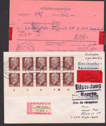 Walter Ulbricht 70 Pf. im 10er-Block DDR 938(10) mit Druckkontrollzeichen "B" UR2, portogenau E-Eil-Eigenh.-Rückschein