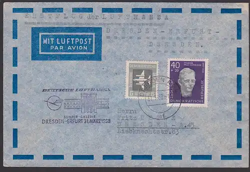 Pfarrer Paul Schneider 40+20 Pf. Lp-Brief Deutsche Lufthansa Dresden - Erfurt - Dresden Erstflug, Semper-Galerie Dresden
