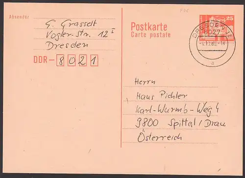 DDR Auslands-Ganzsache 25 Pfg. Berlin mit Fernsehturm 4.11.86, P87I