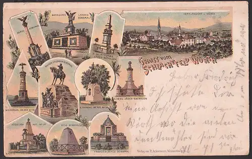 Wörth Litho 1901 Gruss vom Schlachtfeld mit 10 Ansichten, Denkmale der Regimenter von Thüringen, Hessen, Bayern