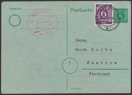 Seestadt Rostock 6 Pfg. Ganzsache P6 mit Zusatzfrankatur 24.9.46 nach Wustrow, Abs. Kulturbund, Mecklenburg-Vorpommern