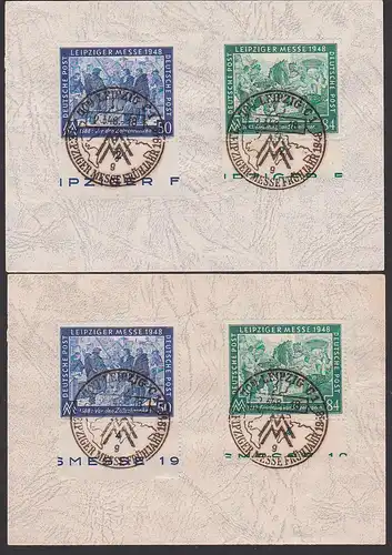 Leipzig Frühjahrsmesse kpl. auf Unterlage mit SoSt. 2.9.48 Ersttag FDC Mi. 967/68, vor Zollschranken