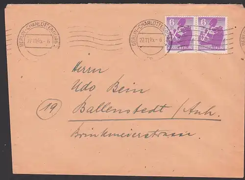 SBZ Berliner Bär Stadt Berlin 6 Pf.(2) nach Ballenstedt  MWSt. Charlottenburg 27.11.45, Fernbrief, portogenau
