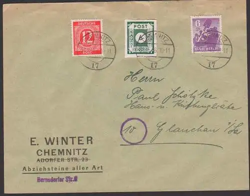 SBZ Berliner Bär Stadt Berlin 6 Pf. mit 6 Pf. dst. Ostsachsen und 12 Pf EA Ziffern Chemnitz 17, 31.10.46, letzte Gültigk