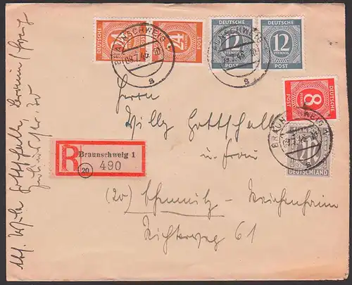 Germany Braunschweig R-Brief MiF 4 Pfg. AMP engl. Druck und Ziffern vom 19.6.46 nach Chemnitz portogenau