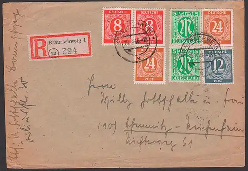 Braunschweig R-Brief MiF AMP und Ziffern vom 19.6.46 nach Chemnitz