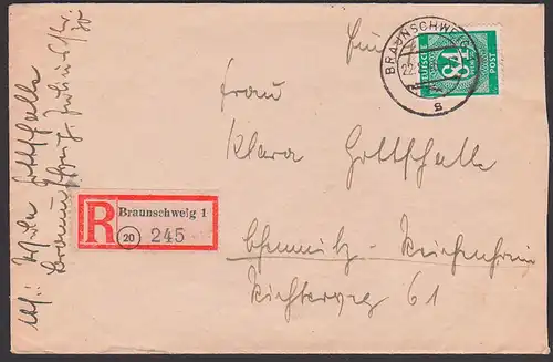 Germany Braunschweig R-Brief 84 Pfg. Ziffern vom 22.8.46 nach Chemnitz portogenau