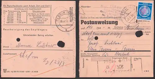 Postanweisung mit 60 Pfg. Dienstmarke DDR A 15 portogenau Strlsund n. Tessin, Mke mit Rotstift eingefärbt, ro. Knick