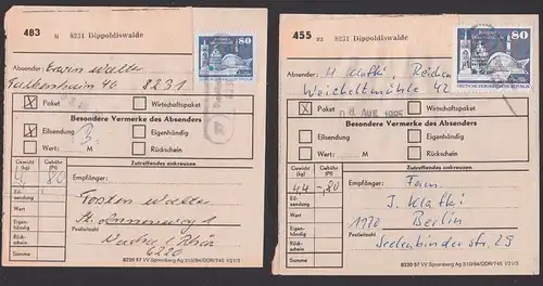 Falkenhain, Reichenau je PSSt. von Dippoldiswalde mit 80 Pf. Rostock-Warnemünde gr. bzw kl. Format auf Paketkarte