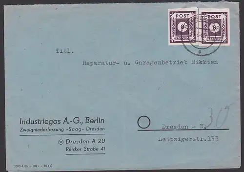 Germany SBZ 44A(2), 8 Pfg. OPD Dresden Ortsbrief portogenau, Abs. Industriegas Berlin, Niederlassung "Saag" Dresden