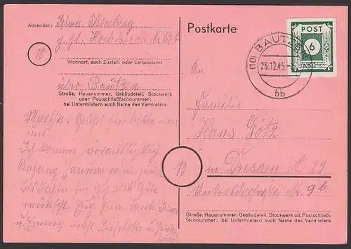 Germany SBZ 43B, 6 Pfg. OPD Ostsachsen Bautzen 26.12.45 portogenau, Fernkarte