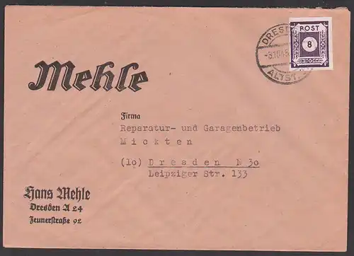 Germany SBZ 44A, 8 Pfg. OPD Ostsachsen Dresden Ortsbrief 3.10.46 portogenau, Umschlag mittig gefaltet