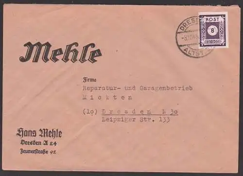 Germany SBZ 44A, 8 Pfg. OPD Ostsachsen Dresden Ortsbrief 3.10.46 portogenau, Umschlag mittig gefaltet