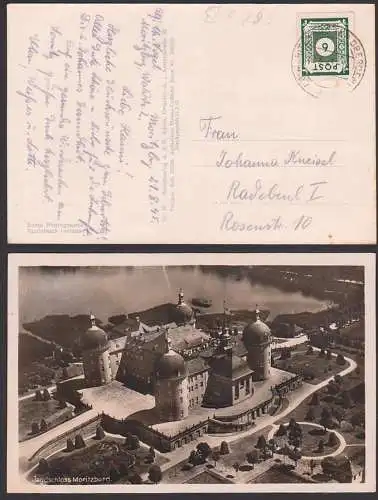 Sachsen Moritzburg Jagdschloss Fernkarte mit SBZ 43B 6 Pfg. durchstochen 22.8.45 nach Radebeul, Drehort "3 Haselnüsse."