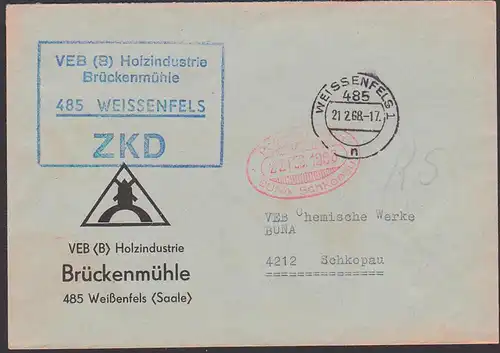 Brückenmühle Weissenfels (Saale) ZKD-Brief KSt. in blau statt violett, VEB(B) Holzindustrief nach Schkopau Chem. Werke