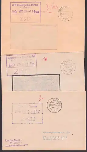 Görlitz DDR 3 ZKD-Briefe Rat der Stadt, Volkseigener Fischhandel, Kühlanlagenbau aus 1965, bzw. 1966 je Ortsbrief