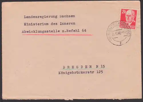 Weisswasser Oberlausitz 8.12.48, an Behörde Landesregierung Sachsen MdI Abwicklungsstelle zum Befehl 64