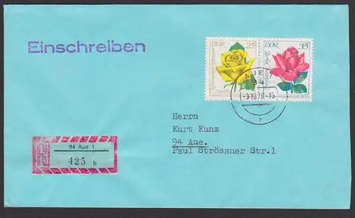 Rosen aus Markenheftchen R-Orts-Brief portogenau mit DDR Zdr. W12, int. Rosenausstellung 1972