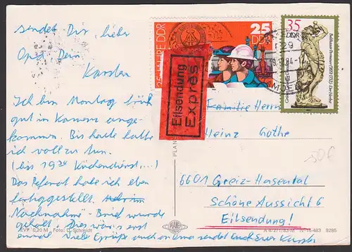 Eil-Sdg. Kamenz Karte portogenau mit DDR 25 Pf. 35 Jahre DDR Industrie und 35 Pf. Grünes Gewölbe Dresden