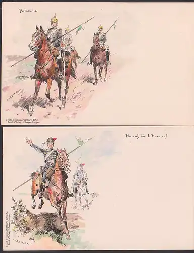 Sächsische Soldaten-Postkarte ungebraucht Patroulle, Hurrah die I. Husaren!, um 1900 Litho, Künstlerkarte C. BECKER